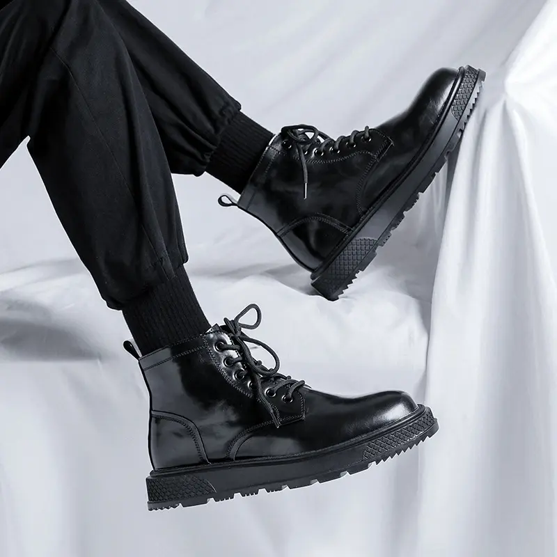mens casual platform boots lace-up natural leather shoes business office dresses cowboy ankle boot brand designer short botas