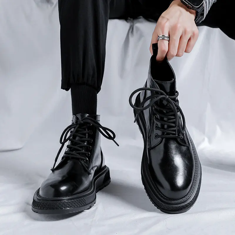 mens casual platform boots lace-up natural leather shoes business office dresses cowboy ankle boot brand designer short botas