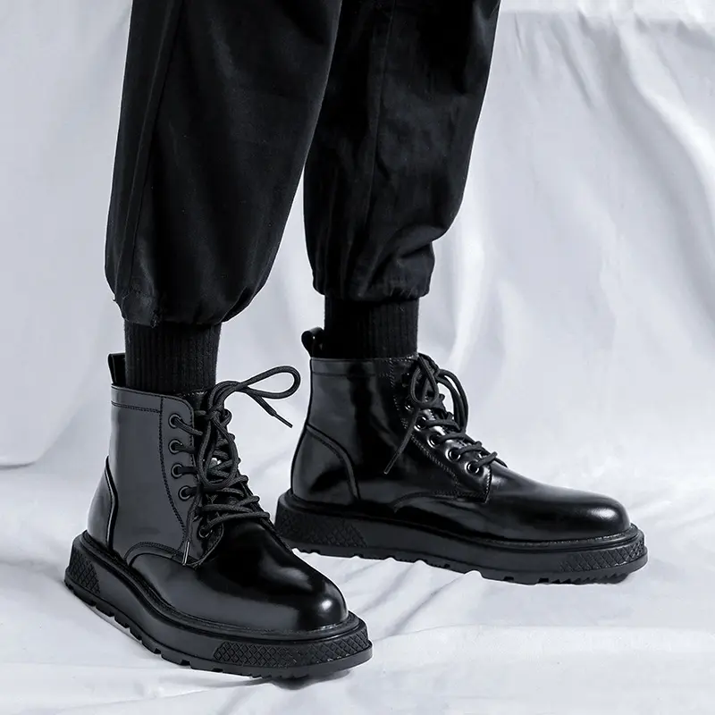 mens casual platform boots lace-up natural leather shoes business office dresses cowboy ankle boot brand designer short botas