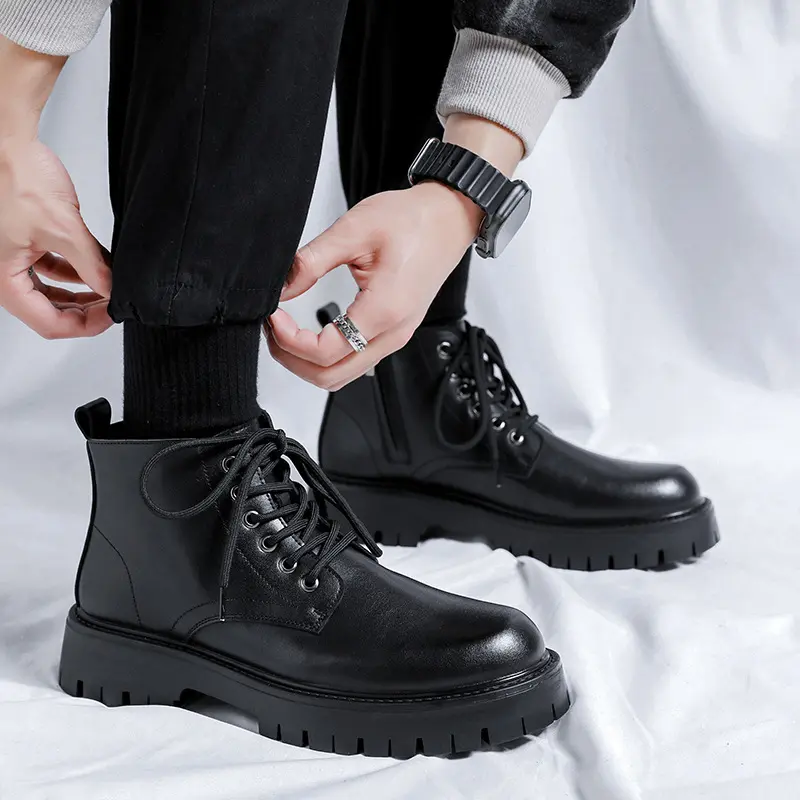 men casual platform boots lace-up genuine leather shoes business office dresses cowboy boot black spring autumn ankle botas male
