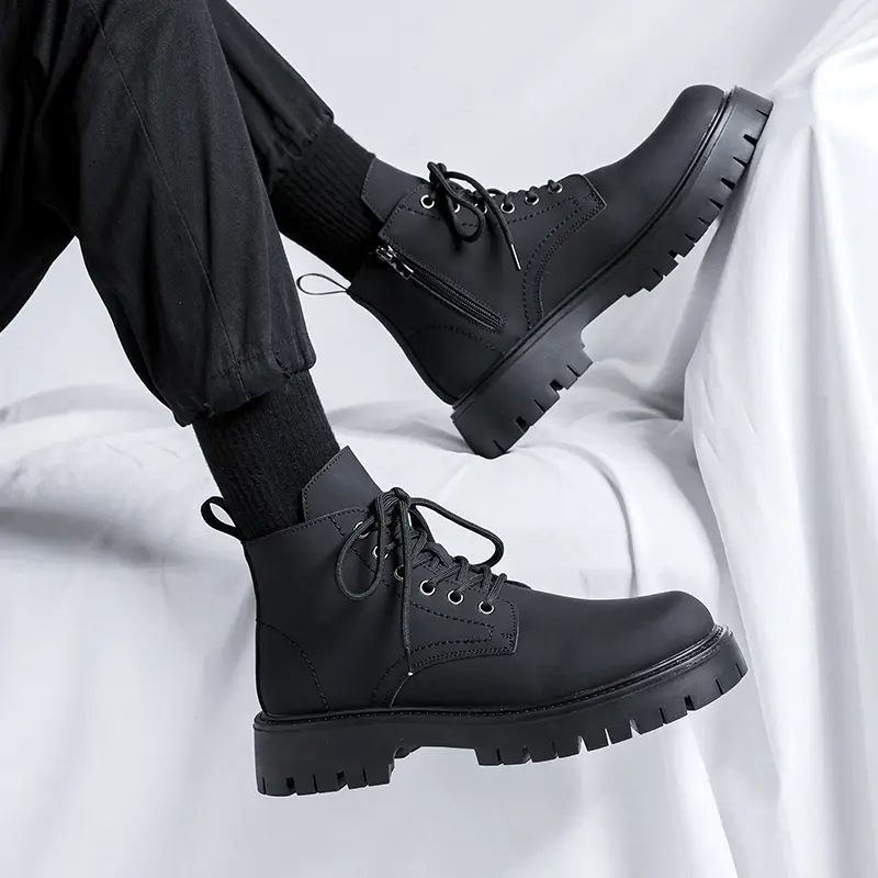 men casual genuine leather boots lace-up platform shoes black trendy cowboy tooling work boot handsome motorcycle ankle botas