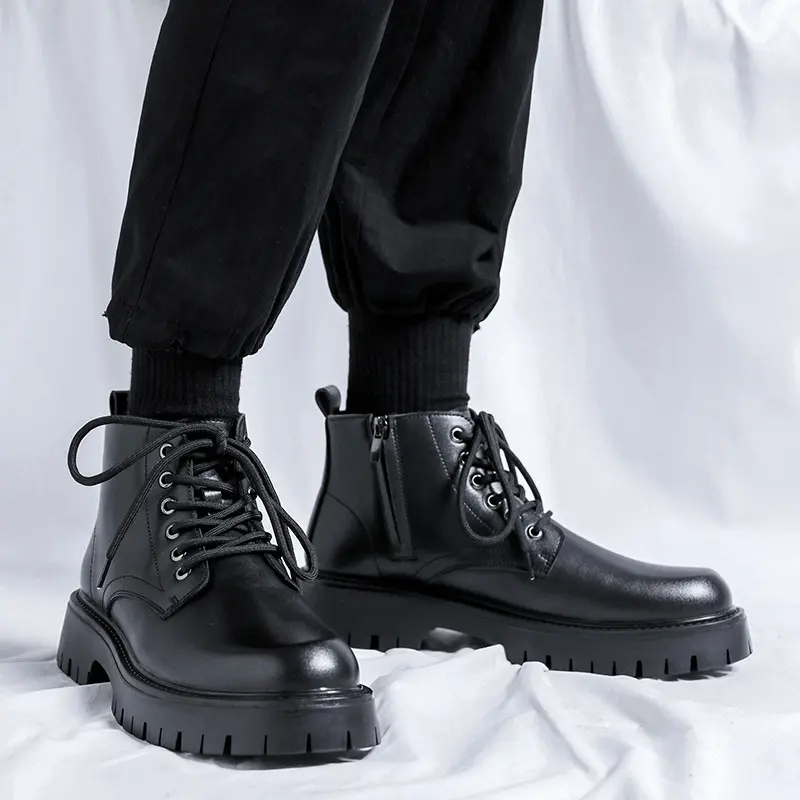 men casual platform boots lace-up genuine leather shoes business office dresses cowboy boot black spring autumn ankle botas male