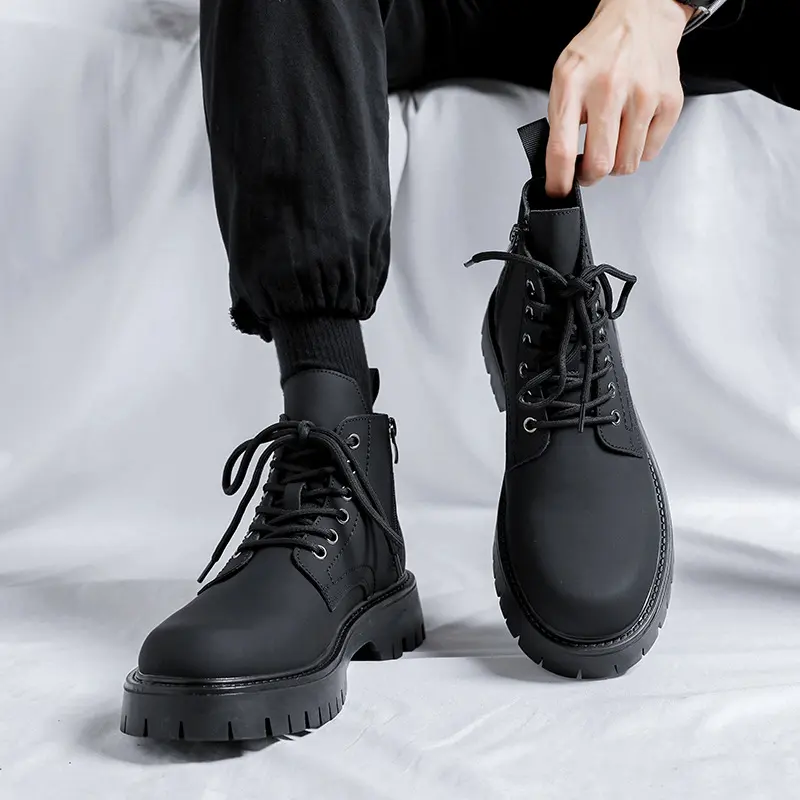 men casual genuine leather boots lace-up platform shoes black trendy cowboy tooling work boot handsome motorcycle ankle botas