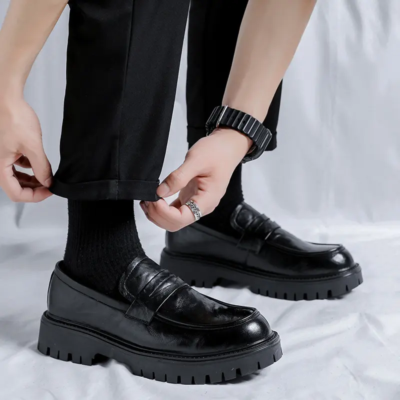 men luxury fashion genuine leather shoes slip-on driving shoe black trendy platform loafers wedding party dress youth footwear