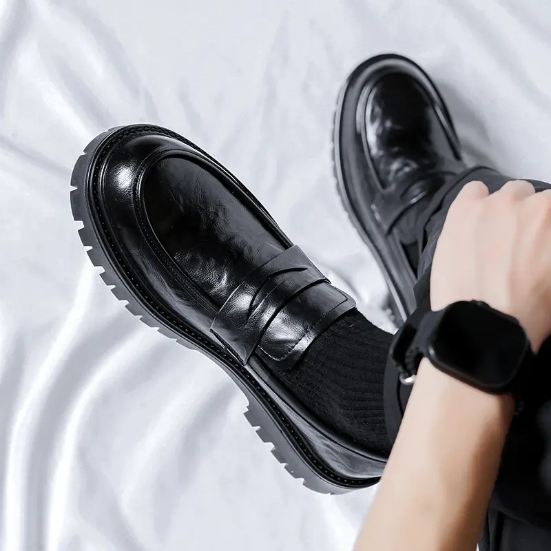 men luxury fashion genuine leather shoes slip-on driving shoe black trendy platform loafers wedding party dress youth footwear