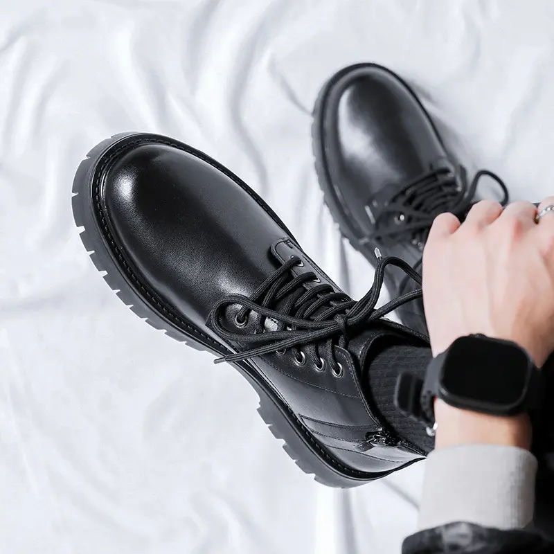 men casual platform boots lace-up genuine leather shoes business office dresses cowboy boot black spring autumn ankle botas male