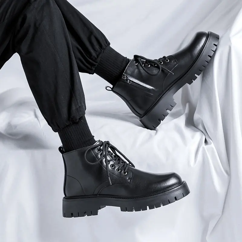 men casual platform boots lace-up genuine leather shoes business office dresses cowboy boot black spring autumn ankle botas male