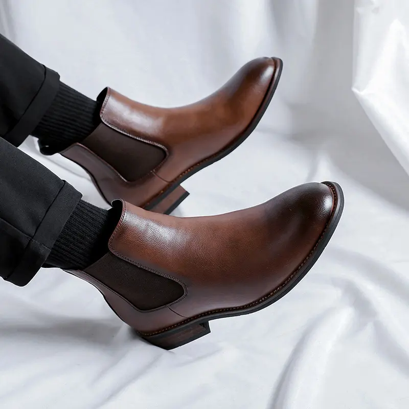 men's casual chelsea boots black brown genuine leather shoes business office dresses cowboy ankle boot pointed toe short botas