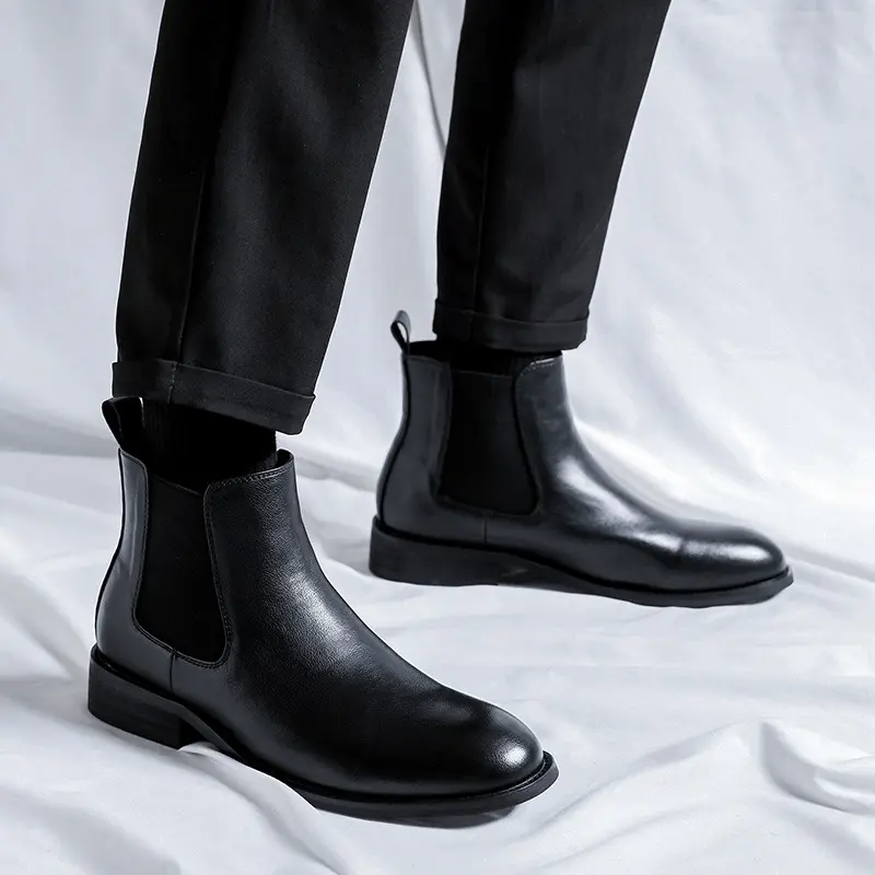 men's casual chelsea boots black brown genuine leather shoes business office dresses cowboy ankle boot pointed toe short botas