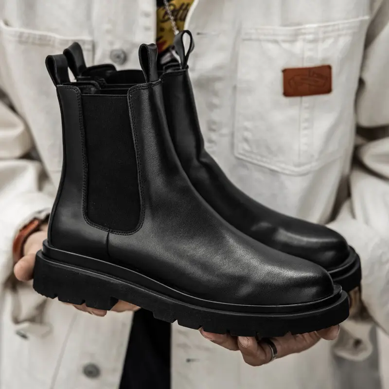 British style mens casual chelsea boots black trend platform shoes high top genuine leather boot cowboy short botas masculinas