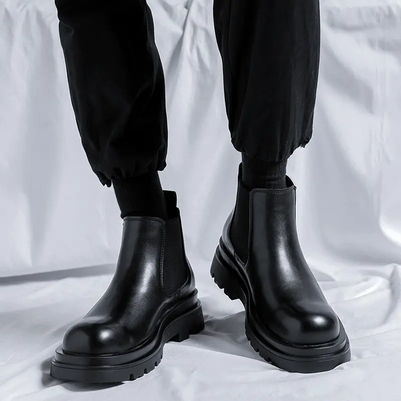 British style men's casual original leather boots black stylish platform shoes cowboy platform ankle boot business chelsea botas