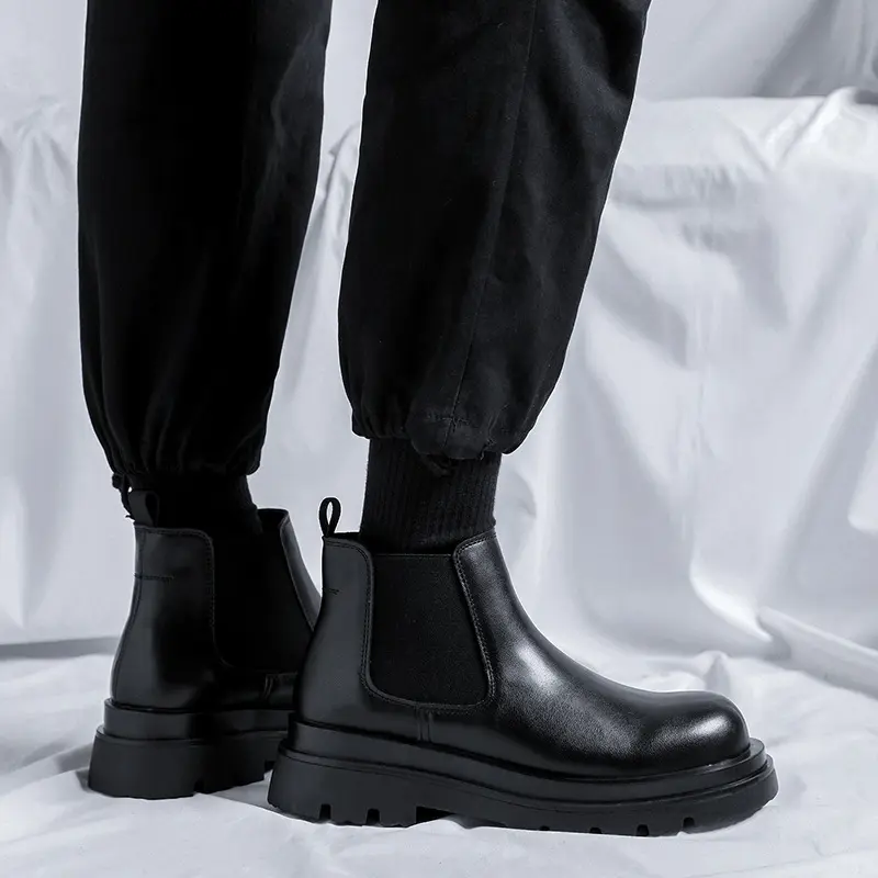 British style men's casual original leather boots black stylish platform shoes cowboy platform ankle boot business chelsea botas