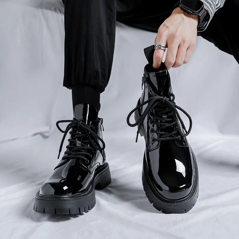 mens fashion patent leather boots black trendy platform shoes wedding party dress cowboy ankle boot spring autumn short botas