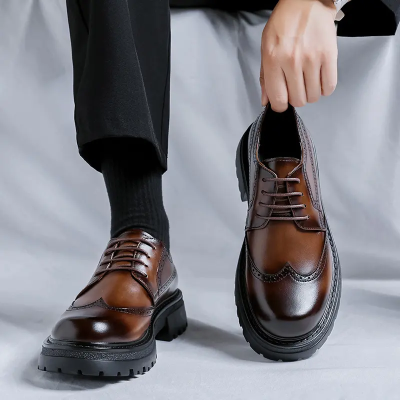 men fashion business wedding platform shoes lace-up carved brogue shoe black brown genuine leather sneakers designer footwear