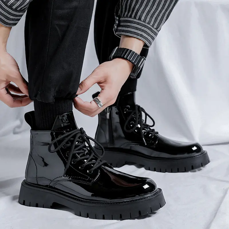 mens fashion patent leather boots black trendy platform shoes wedding party dress cowboy ankle boot spring autumn short botas