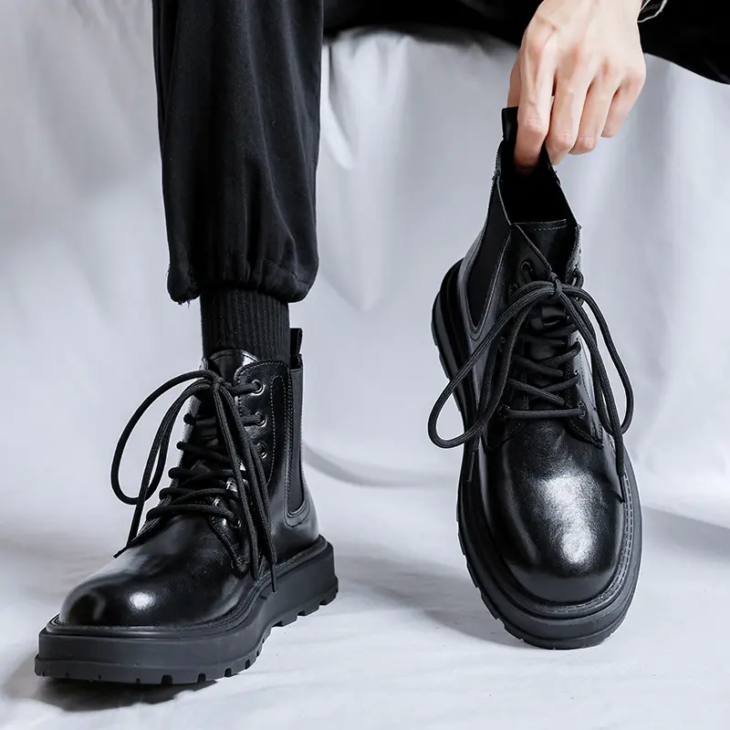 men's casual platform boots black tide genuine leather shoes business office dress cowboy ankle boot spring autumn botas hombre