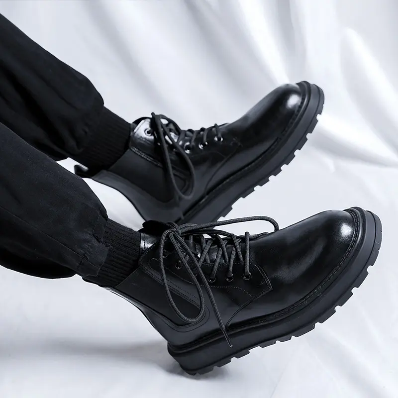 men's casual platform boots black tide genuine leather shoes business office dress cowboy ankle boot spring autumn botas hombre