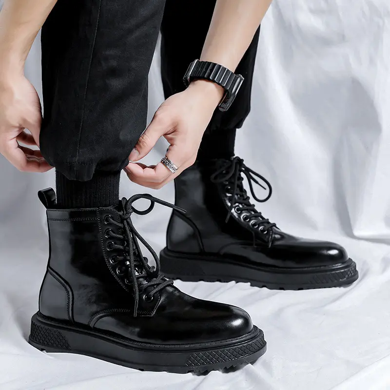 men fashion platform boots black stylish genuine leather shoes brand designer cowboy boot party banquet dress ankle botas hombre