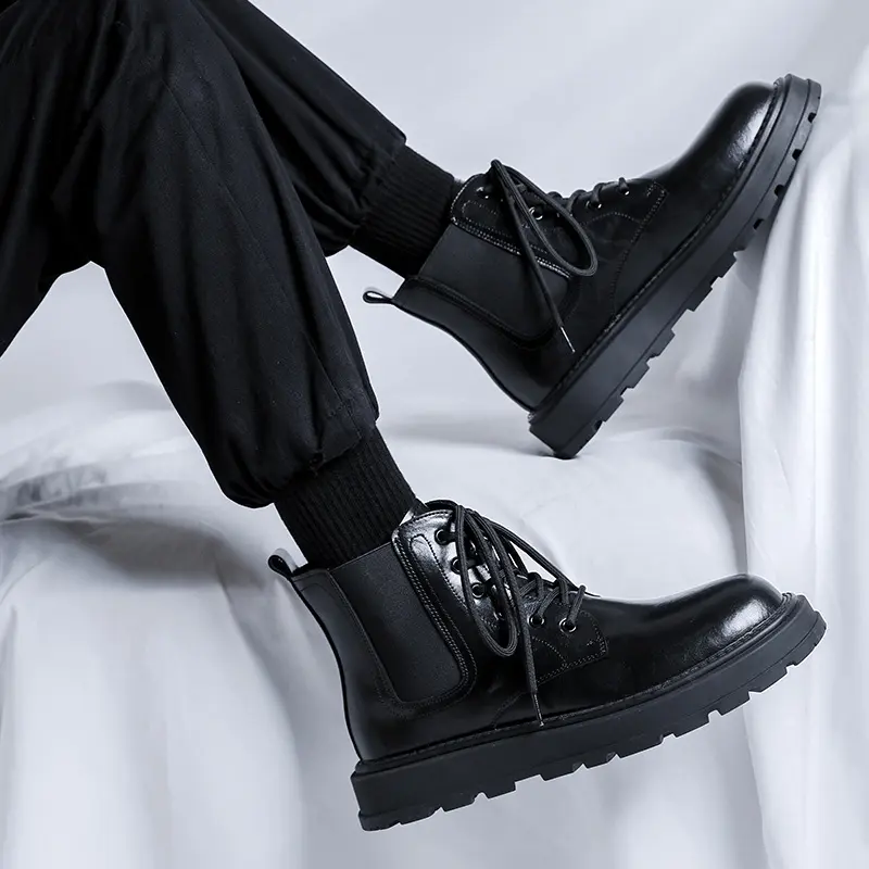 men's casual platform boots black tide genuine leather shoes business office dress cowboy ankle boot spring autumn botas hombre
