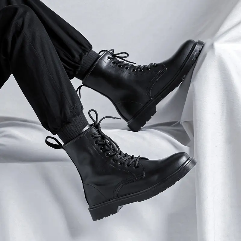 British style high top motorcycle boots for men fashion black autumn winter shoes lace-up cowboy boot original leather botas man
