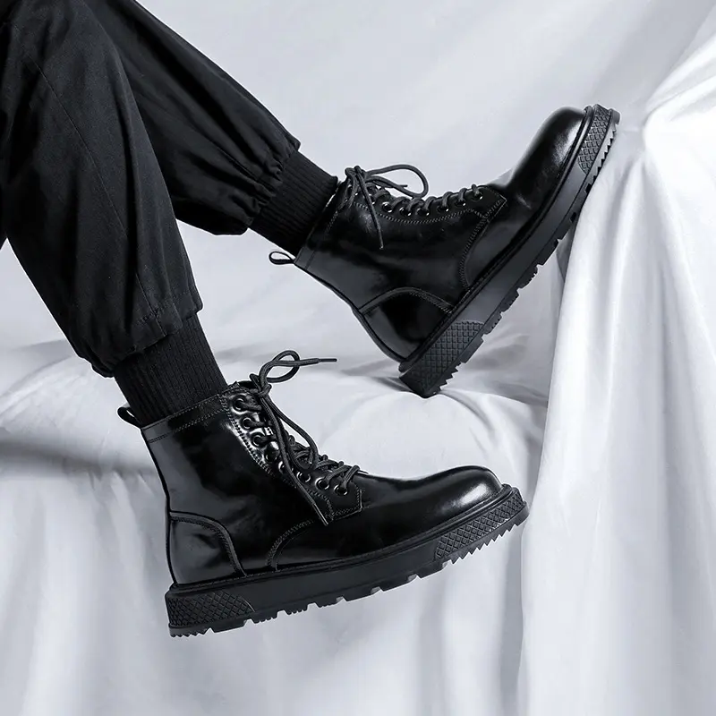 men fashion platform boots black stylish genuine leather shoes brand designer cowboy boot party banquet dress ankle botas hombre