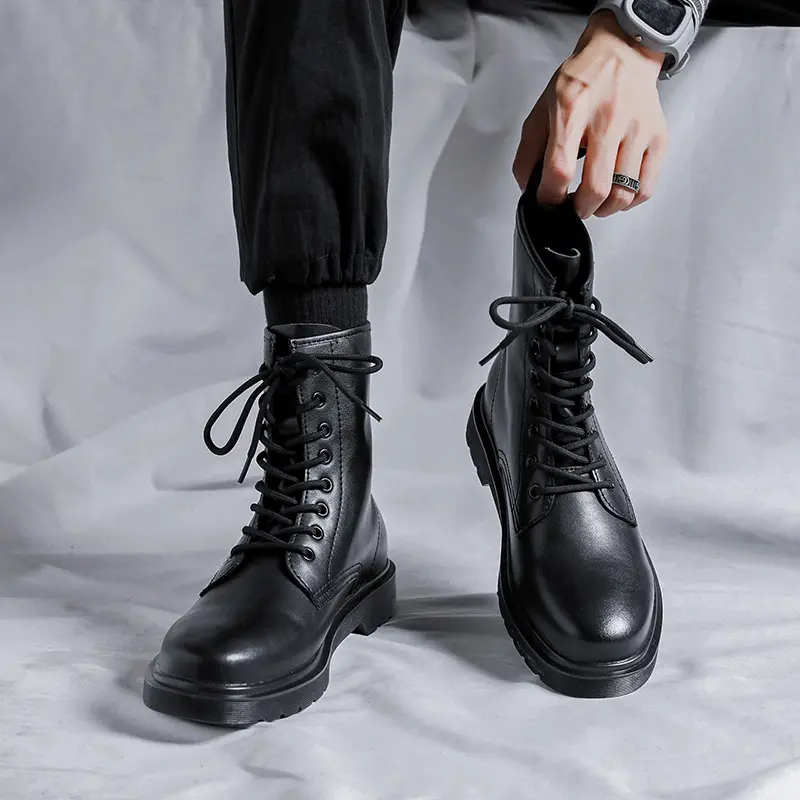 British style high top motorcycle boots for men fashion black autumn winter shoes lace-up cowboy boot original leather botas man