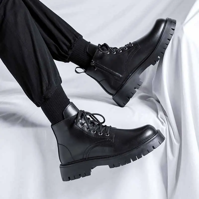 men's casual platform boots business office formal dress genuine leather shoes black cowboy boot trendy ankle botas hombre mans
