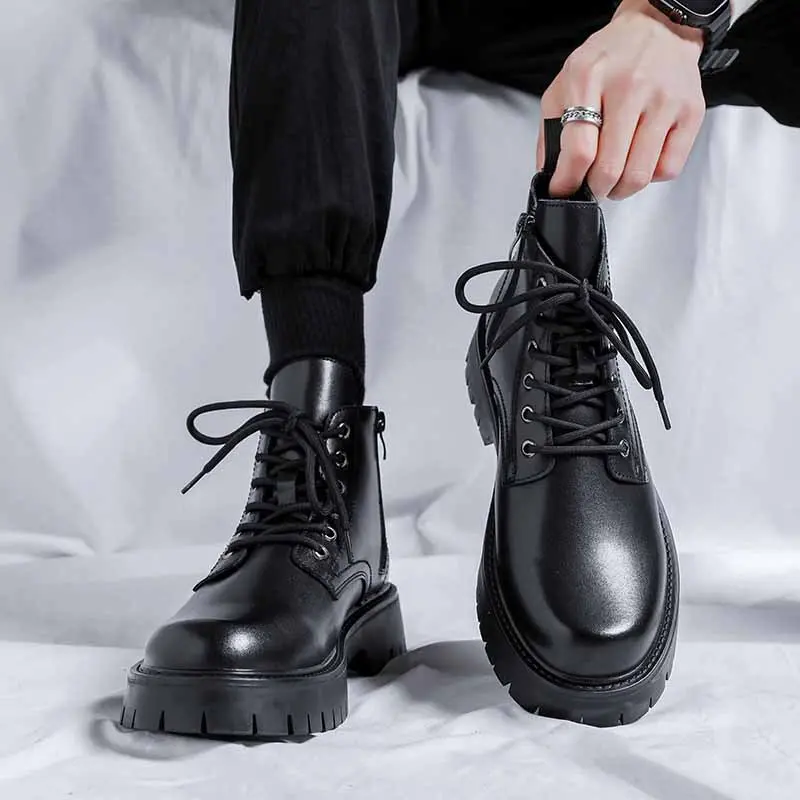 men's casual platform boots business office formal dress genuine leather shoes black cowboy boot trendy ankle botas hombre mans