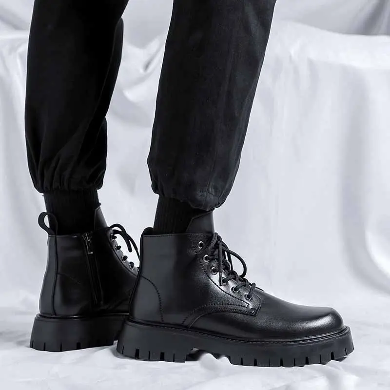 men's casual platform boots business office formal dress genuine leather shoes black cowboy boot trendy ankle botas hombre mans