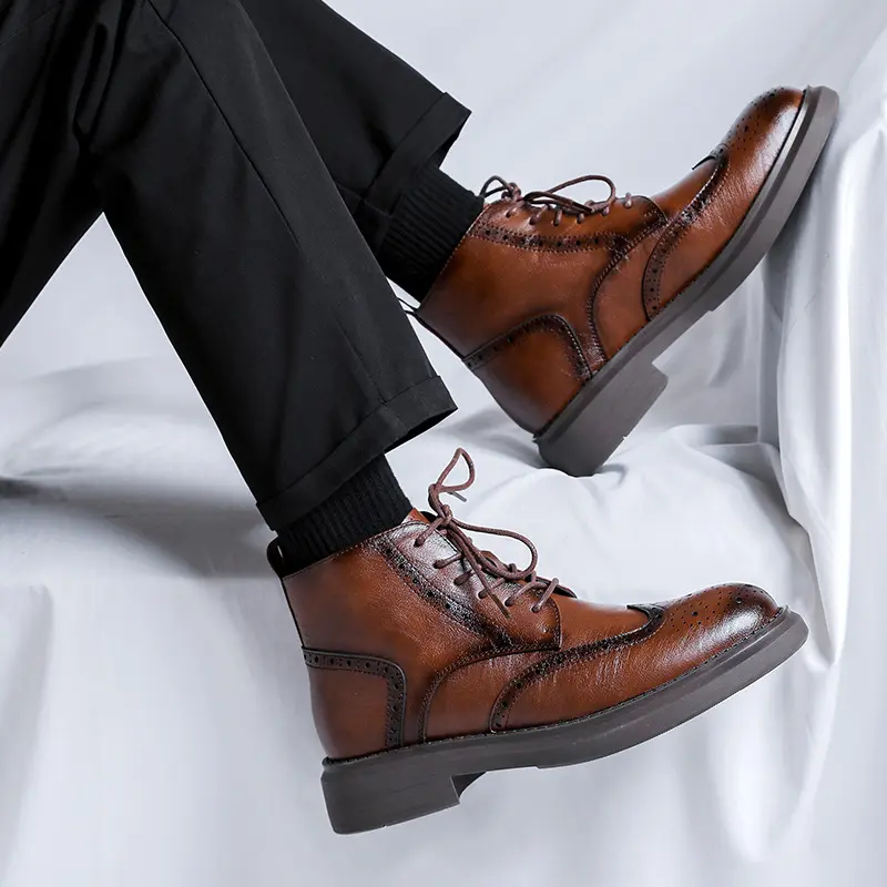 men's fashion wedding party dress genuine leather boots black brown carved brogue shoes cowboy ankle boot cool short botas male