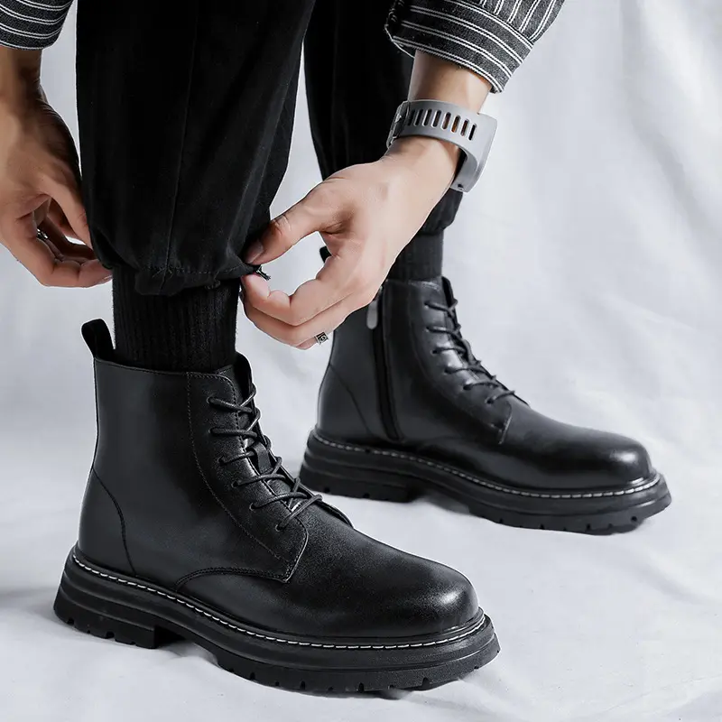 British style mens leisure genuine leather boots lace-up platform shoes business office dresses cowboy boot black ankle botas