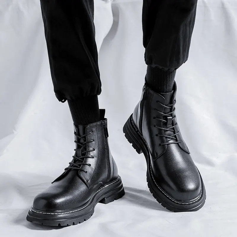 British style mens leisure genuine leather boots lace-up platform shoes business office dresses cowboy boot black ankle botas