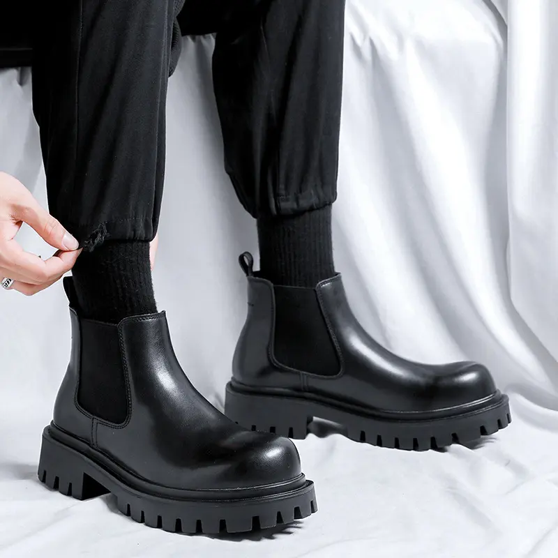 men's casual platform boots black tide genuine leather shoes cowboy ankle boot business office dress cool chelsea botas zapatos