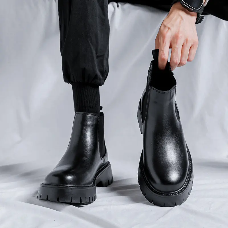 mens casual chelsea boots autumn winter shoes cowboy genuine leather boot business office dress black tide platform ankle botas