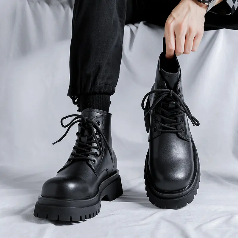 men luxury fashion platform boots black tide genuine leather shoes cowboy chunky boot party prom dress handsome ankle botas male