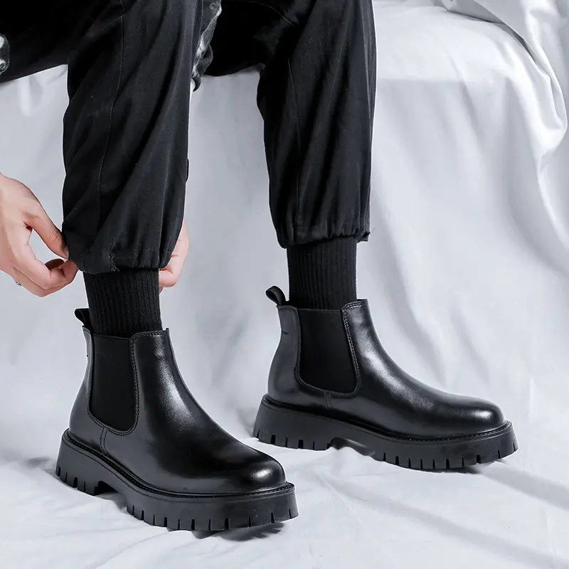 mens casual chelsea boots autumn winter shoes cowboy genuine leather boot business office dress black tide platform ankle botas