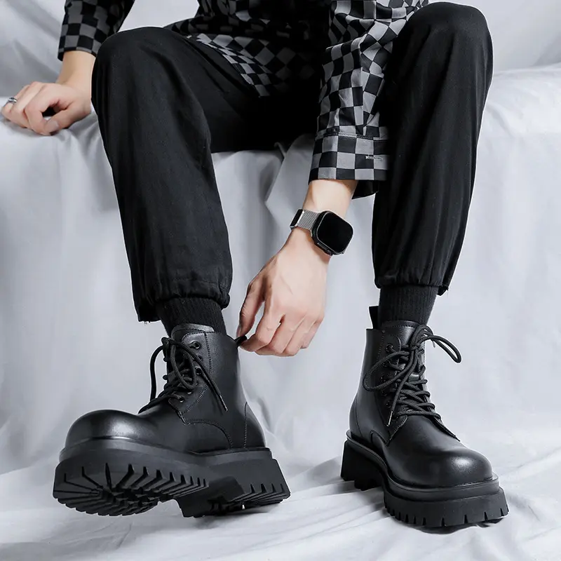 men luxury fashion platform boots black tide genuine leather shoes cowboy chunky boot party prom dress handsome ankle botas male