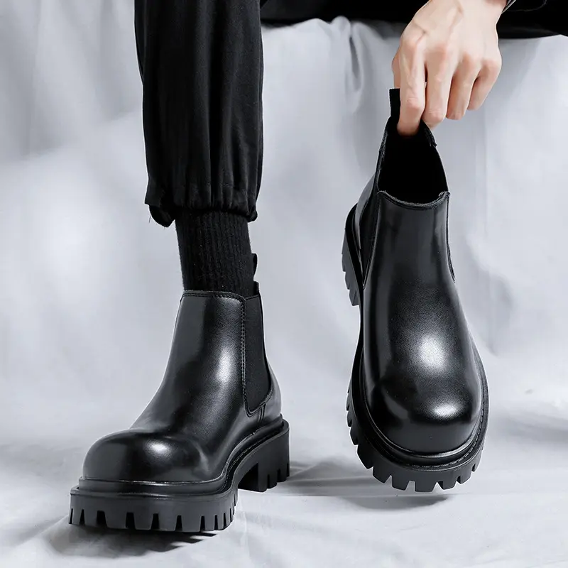 men's casual platform boots black tide genuine leather shoes cowboy ankle boot business office dress cool chelsea botas zapatos