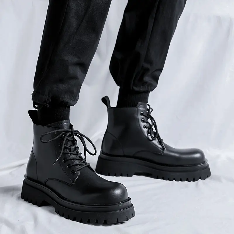 men luxury fashion platform boots black tide genuine leather shoes cowboy chunky boot party prom dress handsome ankle botas male