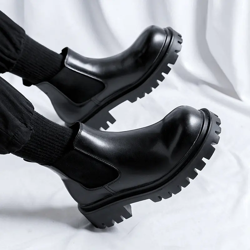 men's casual platform boots black tide genuine leather shoes cowboy ankle boot business office dress cool chelsea botas zapatos