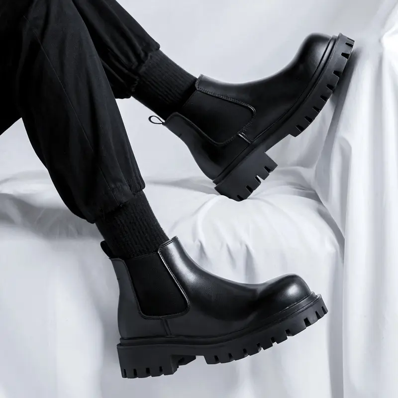 men's casual platform boots black tide genuine leather shoes cowboy ankle boot business office dress cool chelsea botas zapatos