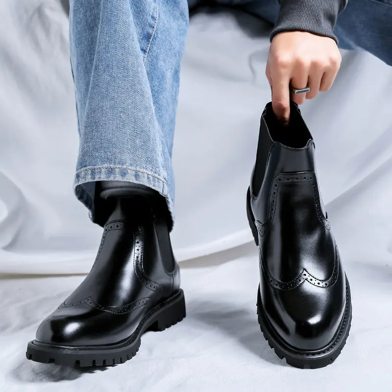 men fashion business wedding chelsea boots slip-on carved brogue shoes cowboy genuine leather boot black stylish ankle botas man