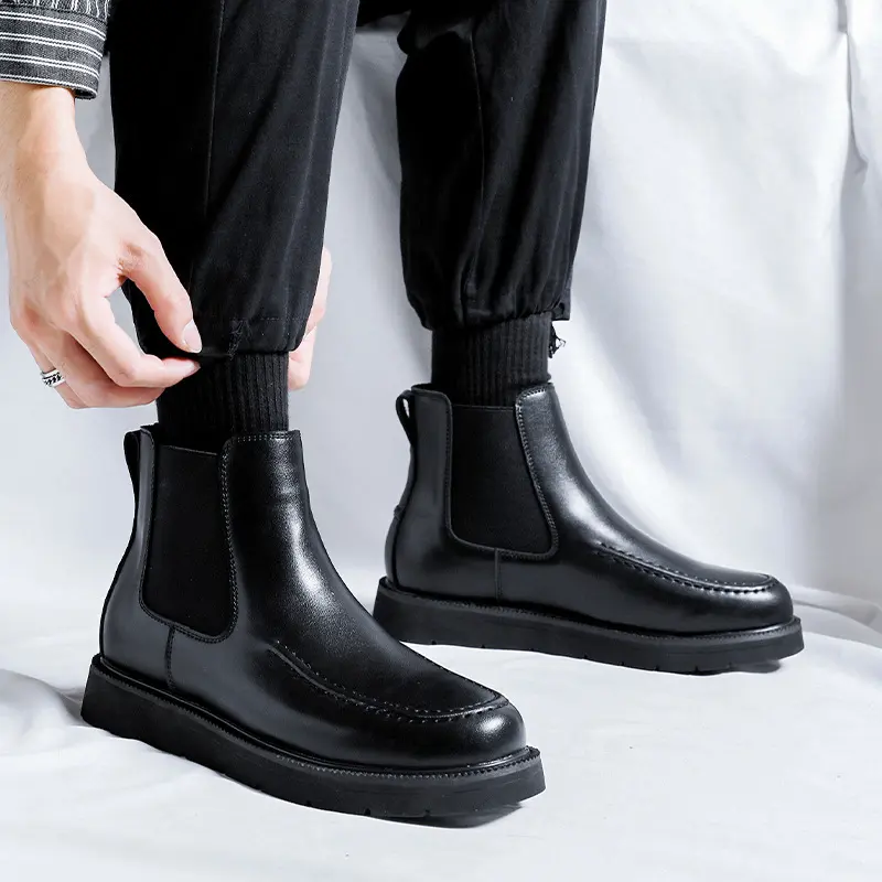 men casual chelsea boots black tide natural leather shoes business office dress cowboy platform boot spring autumn ankle botas