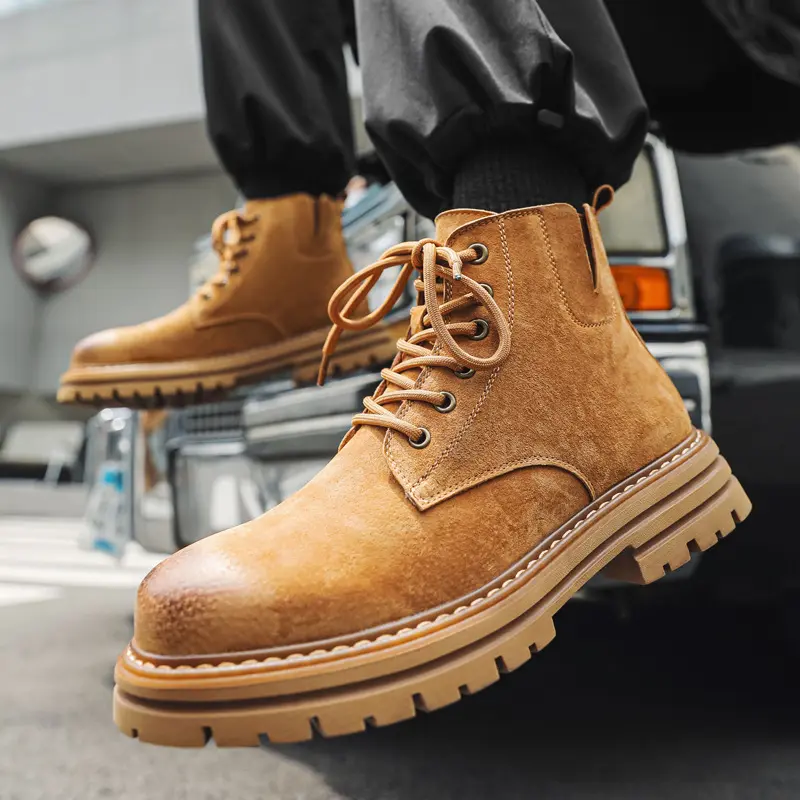 large size men's fashion desert boots cow suede leather shoes outdoors cowboy ankle boot handsome platform short botas hombre