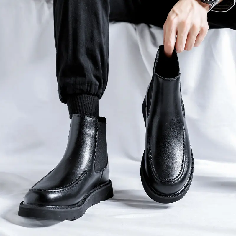 men casual chelsea boots black tide natural leather shoes business office dress cowboy platform boot spring autumn ankle botas