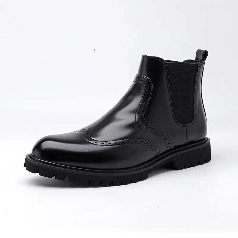 men fashion business wedding chelsea boots slip-on carved brogue shoes cowboy genuine leather boot black stylish ankle botas man