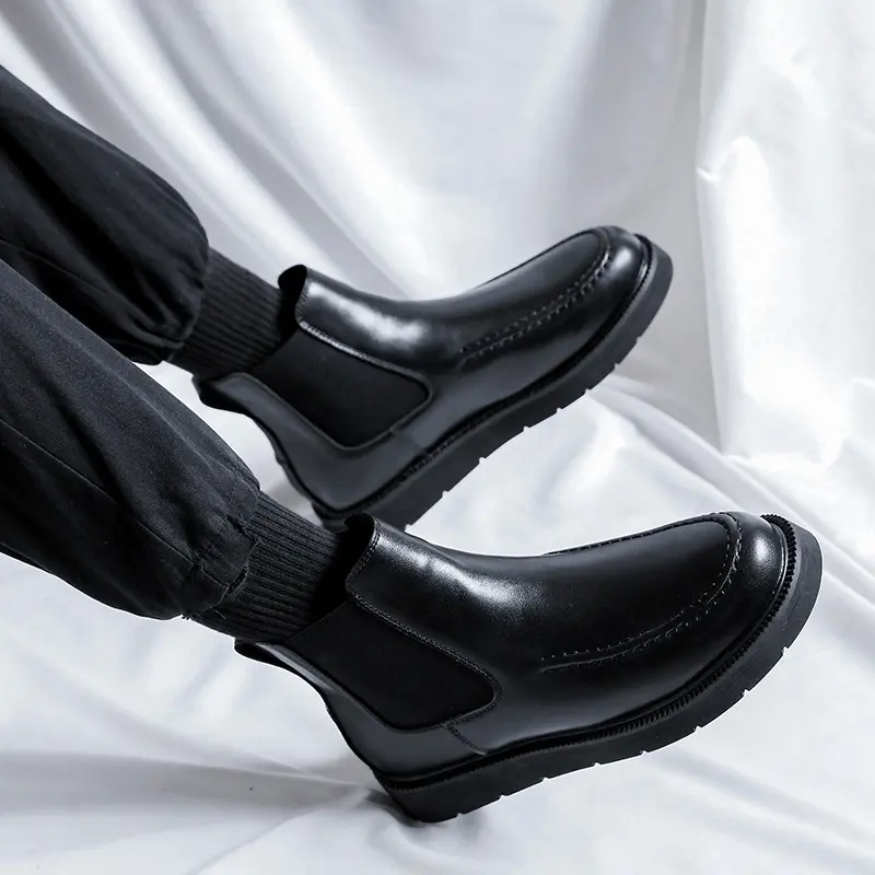 men casual chelsea boots black tide natural leather shoes business office dress cowboy platform boot spring autumn ankle botas
