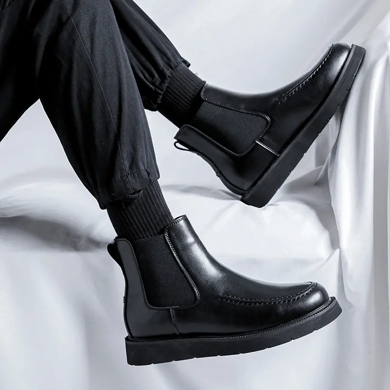 men casual chelsea boots black tide natural leather shoes business office dress cowboy platform boot spring autumn ankle botas