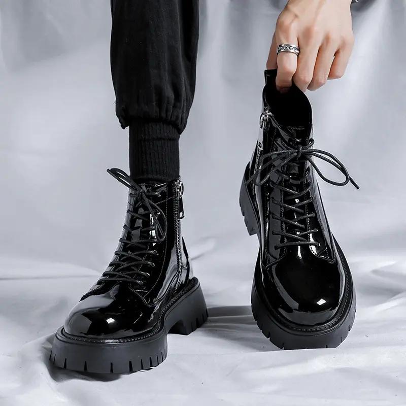 big size men fashion party nightclub patent leather boots black trendy platform shoes cowboy spring autumn boot ankle botas mans