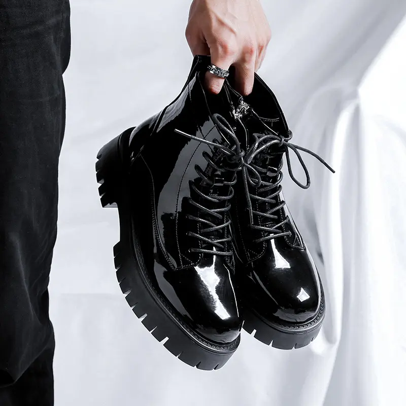 big size men fashion party nightclub patent leather boots black trendy platform shoes cowboy spring autumn boot ankle botas mans